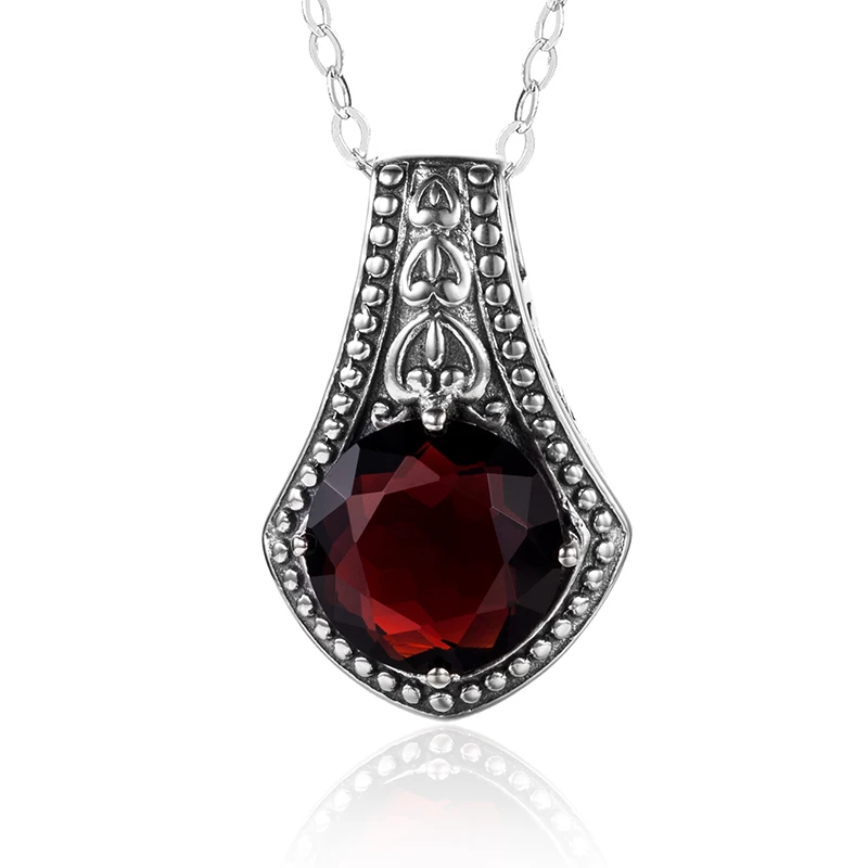 

Vintage Women Silver Necklace Pendant Classic Round Created Garnet Retro 925 Sterling Silver Pendant Female Party Choker Jewelry