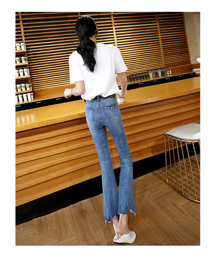 CTRLCITY отверстие расклешенные джинсы Для женщин Высокая талия стрейч Жан Винтаж кисточкой штаны рваные широкие брюки джинсы джинсовые брюки