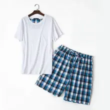 Летние мужские повседневные пижамные комплекты с короткими рукавами, круглым вырезом, воротником, футболкой и клетчатыми полуштанами, Мужской мягкий хлопковый пижамный комплект