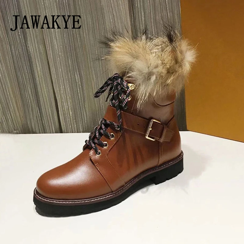 

Runway Genuine Leather Wolf Platform British Boots For Women Lace Up Square Toe Low heels Winter Shoes Ladies Flat Short Boots