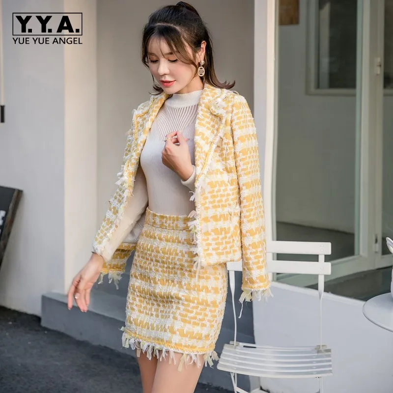 

Spring New Office Ladies Short Tweed Jacket Tassels Wrap Mini Skirt Two Piece Outfits Womens Suits Set Party Slim Fit Twill Sets