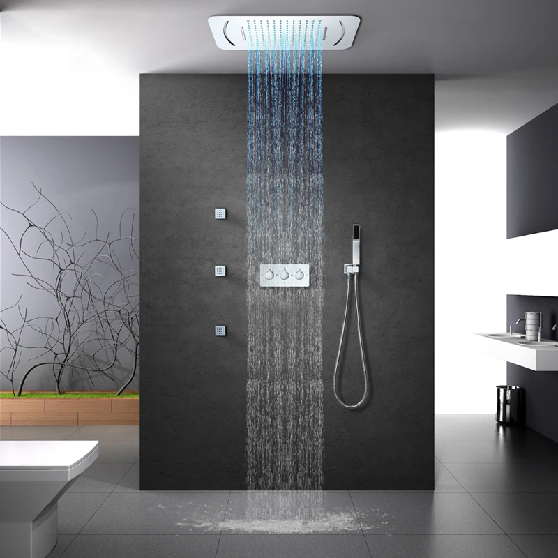 Rainfall LED Light Showerhead 580*380mm Waterfall Shower Bathroom Shower Faucet Mixer Embedded Ceiling Mounted Shower Set