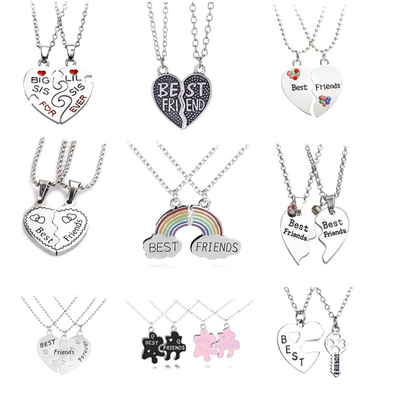 

2 pieces / set Fashion Best Friend Stitching Pendant Necklace Rainbow Broken Heart Necklace Female Children BFF Friendship Gift