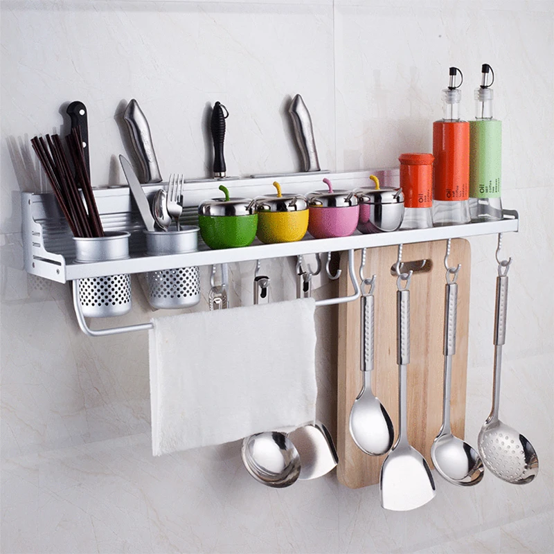 

Wall Mounted Pot Pan Rack Multifunctional Kitchen Bookshelf Storage Rack with Bottle Rack Silverware Caddy Cutlery Blocks Hang