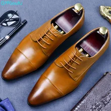 QYFCIOUFU/мужские туфли из натуральной кожи; высококачественные модельные туфли в деловом стиле; модные свадебные туфли-оксфорды на плоской подошве со шнуровкой и острым носком