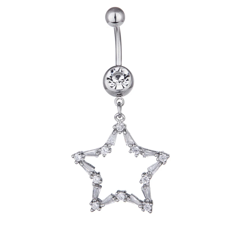 

Clear CZ Crystal Five Star Navel Bar Belly Button 316L Surgical Steel Fashion Body Piercing Jewelry Dangle Drop New Wholesale