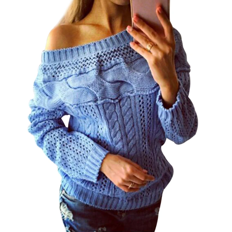 

Women Sweater 2019 New Long Sleeve Off Shoulder Soft Pullovers Cable Knitting Sweaters Autumn Knitwear Pull Jumpers Casual Tops