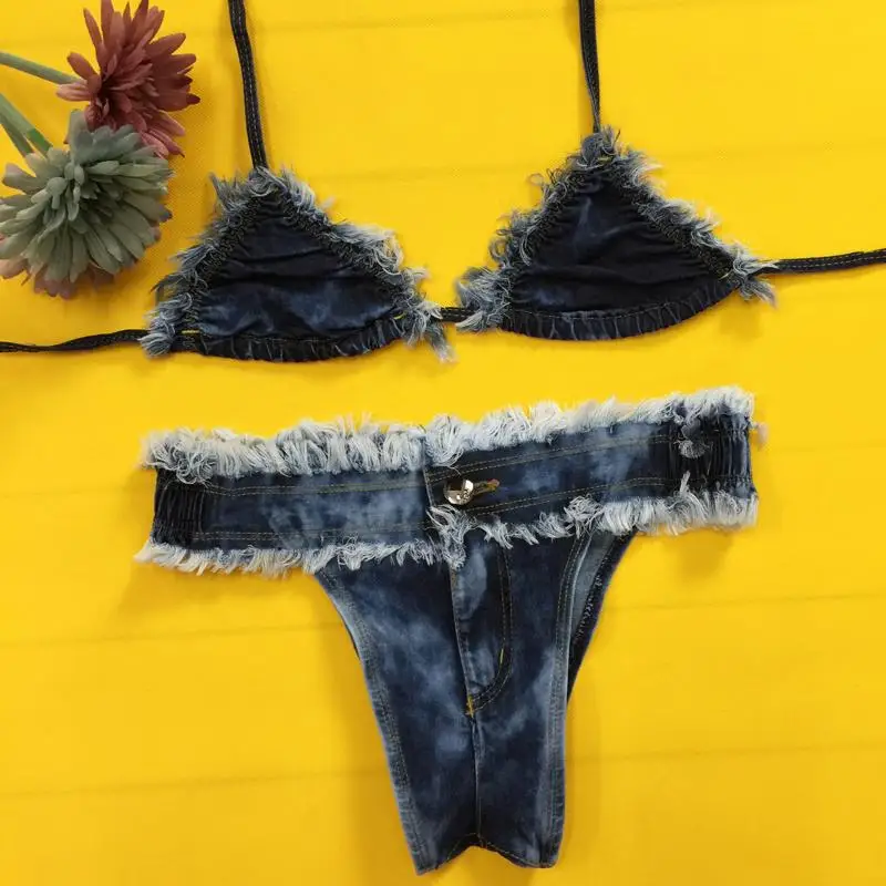 Unique 2015 New Cowboy Bikini Denim Swimwear New Halter Biquini Retro
