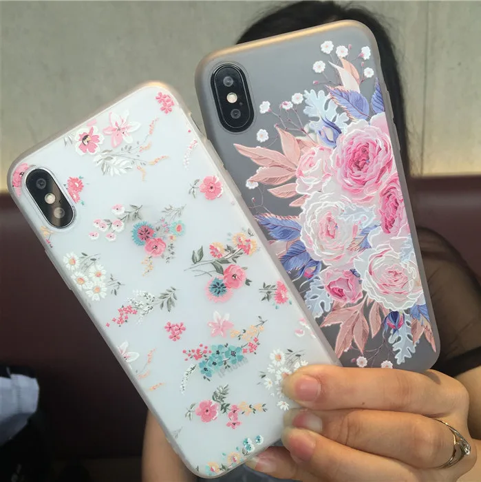 

Cherry petals 3D Relief Silicone Case for iphone X 7 7Plus lace rose TPU Case For iphone 6s 8 8plus 6splus back cover women case