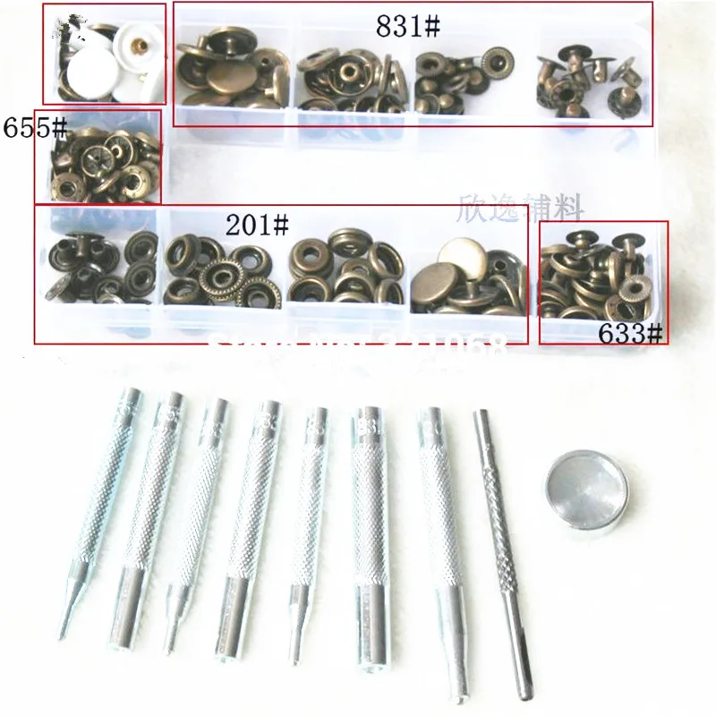 45 наборов, 10 мм, 12 мм, 15 мм, металлические застежки, кнопки-гвоздики, попперы, кожаные инструменты для рукоделия, набор инструментов из 9 предметов+ коробка