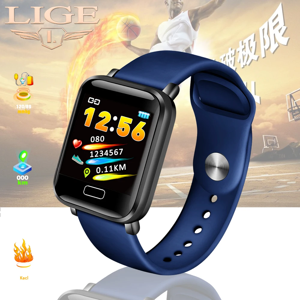 

LIGE Dark Blue Smart Sports Watch Waterproof Fitness Bracelet Blood Pressure Heart Rate Monitoring Pedometer Smart Watch Men