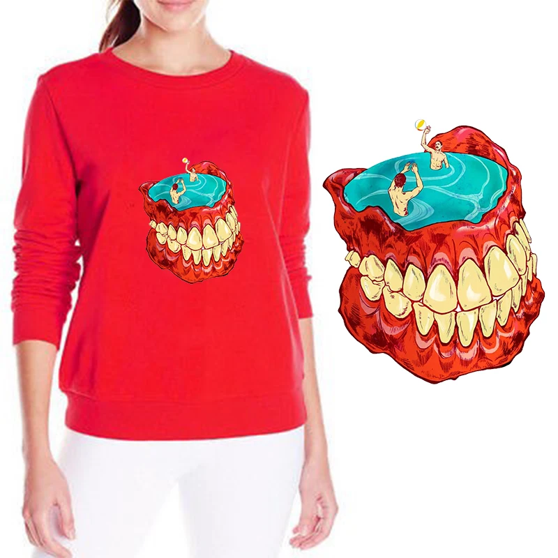 

Tooth Model Swimming Pool Iron on Heat Transfer Printing Patches Sticker for Clothes DIY Appliques Washable Patch Wholesale 2018
