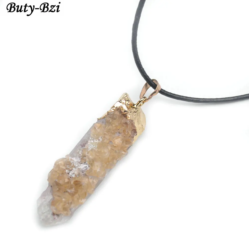 

Cool Jewelry Natural Rough Crystal Quartz Point Stone Pillar Pendant Leather Cord Necklace