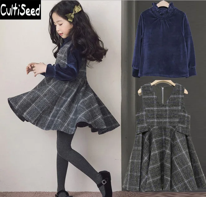 Осенние комплекты с платьем для девочек детские бархатные футболки с высоким воротником+ шерстяное платье в клетку комплекты с платьем из 2 предметов Детские праздничные платья