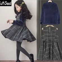 Осенние комплекты с платьем для девочек детские бархатные футболки с высоким воротником+ шерстяное платье в клетку комплекты с платьем из 2 предметов Детские праздничные платья