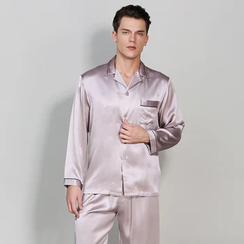 

100% Silk Stain Men's Pajamas sets2019 Autumn solid chinese style Long-Sleeve Male Pajama Pants Sets Blue Silk Pyjama Sleepwear