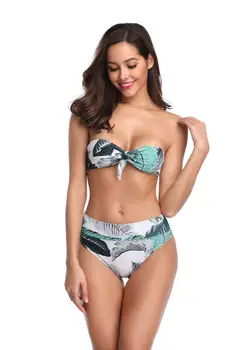 

Bikishark Green Leaves Print High-Wasited Bikinis Set Women Strapless Tie Swimwear 2019 Girl Swimming Beach Bathing Suit