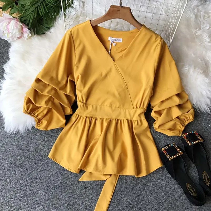 

Solid Slim Waist Puff Sleeve Women Blouse V-Neck Vintage Blusa Elegant Female Top 2019 New Fashion Chic Shirts