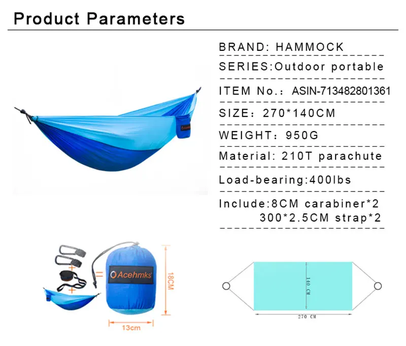 Acehmks Портативный гамак складной Сверхлегкий нейлон Кемпинг гамак парашют садовые качели с из 2 предметов дерево ремни 270X140 см