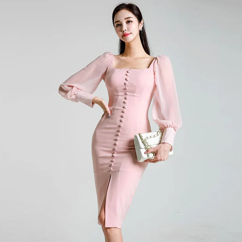 

Spring and autumn new temperament square collar chiffon splicing package hip high waist slimming Split ends dress JQ268