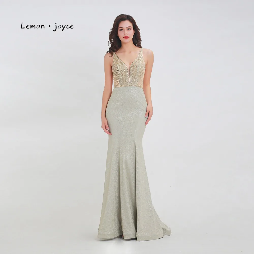 

Lemon joyce Formal Evening Dresses Long 2019 V-neck Beading See-Through Floor Length Mermaid Lady Party prom Gown Plus Size