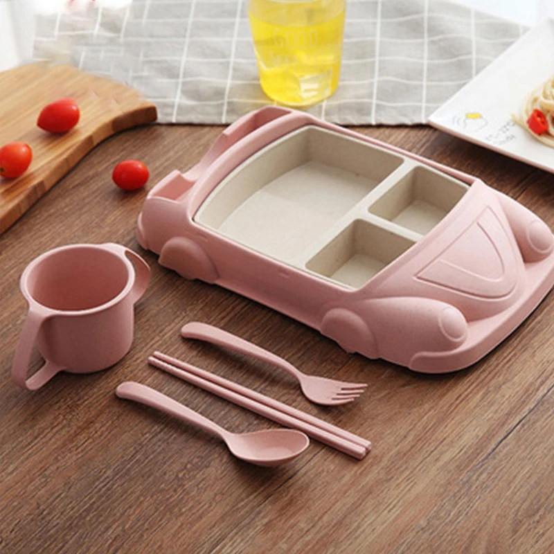 

5PCS/SET Microwave Oven Great Quality Cute Cartoon Children's Straw Dinner Plate Creative Car Train Wheat Bowl Meal Bowl