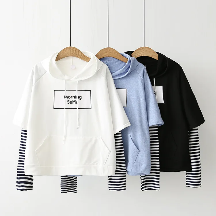 

Preppy style loose fake two pieces t shirt women long sleeve 2018 new arrival 3colors