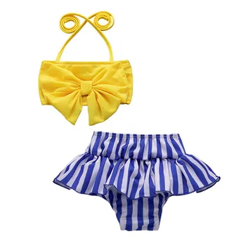 

2019 New Summer Polyester Off-shoulder Beachwear Toddler Kid Girl Baby Swimwear Stripe Printed Bow Bikini Swimsuit Beach Set P40
