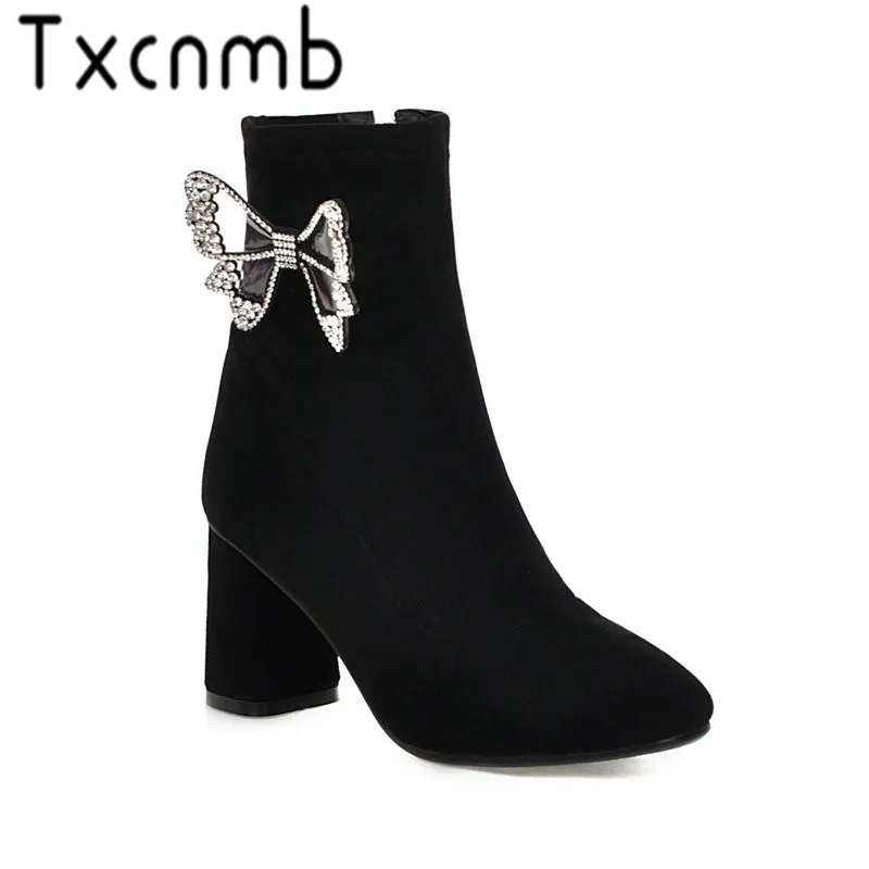 

TXCNMB 2019 Women Shoes Zipper Round Toe High Heels Ankle Boots Shoes Western Style Autumn Woman Boots Size 34-43