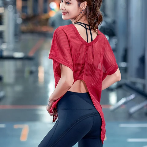 Camisa de Yoga de Malha de Listra de Sombra Dividir de Volta Relaxado Aptidão Ginásio Superior Feminino Sexy Transparente Treino Esportes Camiseta Tamanho Grande t
