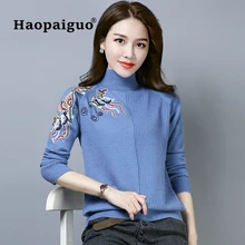 Autumn Winter Embroidery Women Sweater High Elastic Solid Turtleneck Sweater Women Slim Printing Knitted Pullovers Plus Size