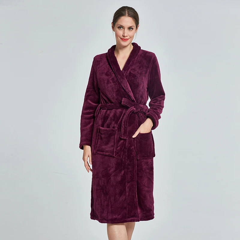 Winter solid bathrobe women mid length lounge wear bath robe warm robe