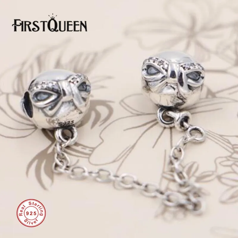 

FirstQueen Genuine 925 Silver Dainty Bow, Clear CZ Safety Chain Bead Fit Bracelet Pendants Crafts Charms For Jewelry Making