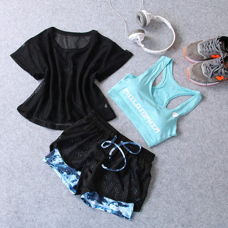News 3 in 1 Running Yoga Suit Sport T-Shirt+Bra+Shorts Female Breathable Gym Jogging Sport Set Summer Quick Dry Girls Yoga Suits