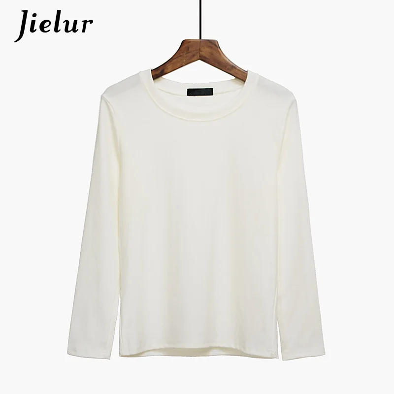 Jielur 5 Solid Color Hipster Long Sleeve Tshirt Women White O Neck Basic Tshirt Feminina Simple Korean Style Vetement Femme - Цвет: Белый