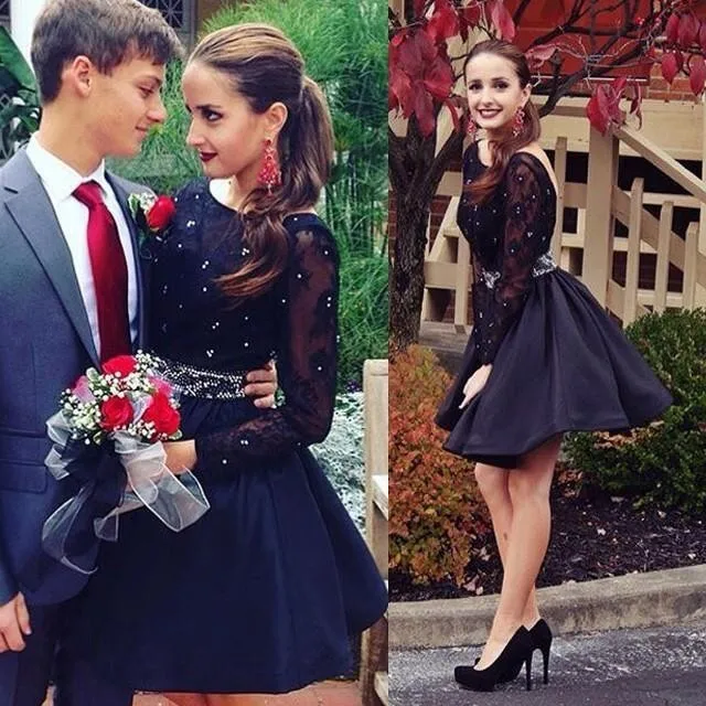 

2019 Romantic Black Long Sleeves Ball Gown Homecoming Dresses Scoop Neck Sheer Open Back Beading Graduation Dress