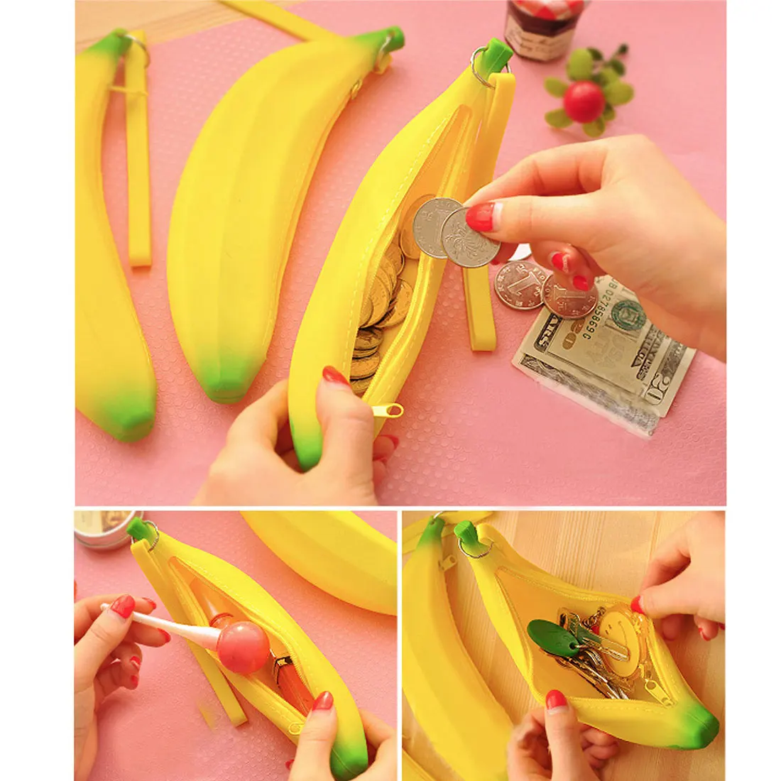 

1Pcs Unisex Men Women Girls Novelty Silicone Portable Banana Coin Pencil Pen Case Purse Bag Case Wallet Pouch Keyring