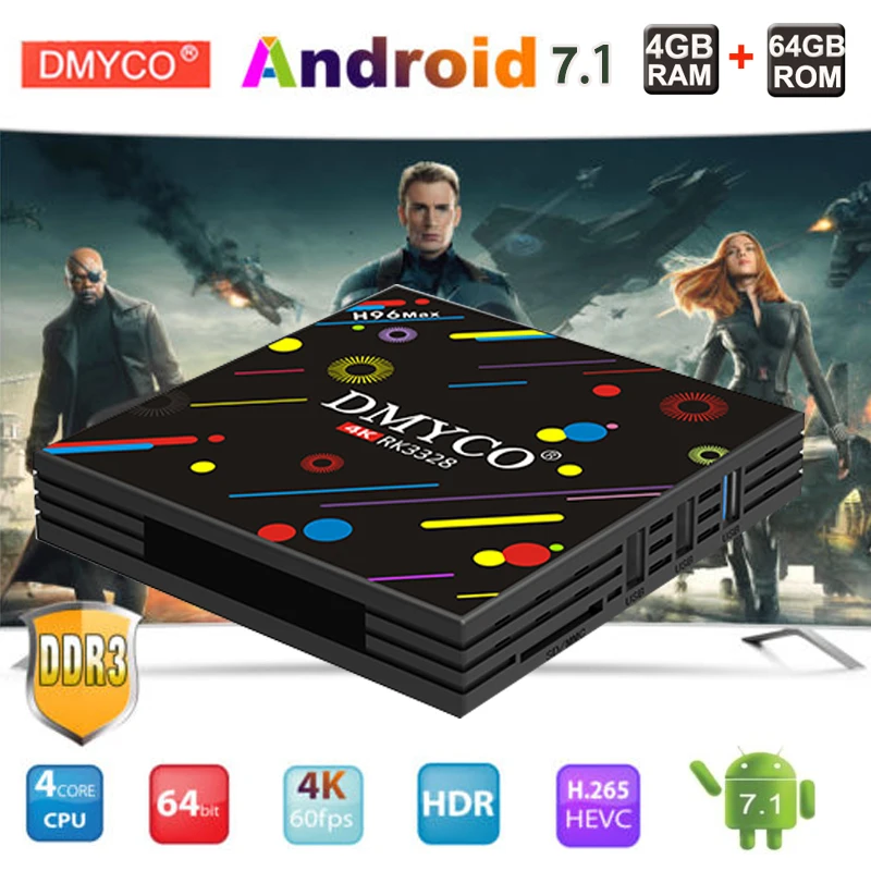 

DMYCO H96 Max Smart Android 7.1 TV Box 4 gb RAM 64 gb Set Top Box RK3328 Wifi 2.4/5.0g BT 4K H.265 USB3.0 HDR10 Media Player
