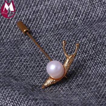 

10*11mm Freshwater Pearl Gold Color Snails Long Brooches Women Ethnic Animal 100% Real Sterling 925 Silver Handmade Jewelry YX06