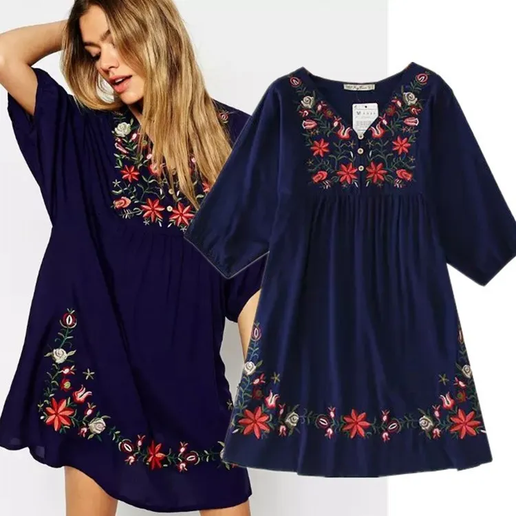 

2019 New Arrivals Ethnic Plus Size Flowers Embroidery Mini One-piece Dress For Women Girls Vintage Boho Blouse Vestido