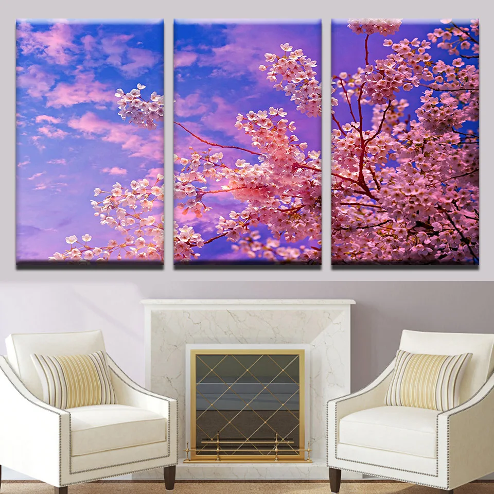 Холст домашний декор модульная 3 набора розовая Сакура Дерево картина стены Искусство Картины рамки для гостиной HD Пейзаж печати плакаты