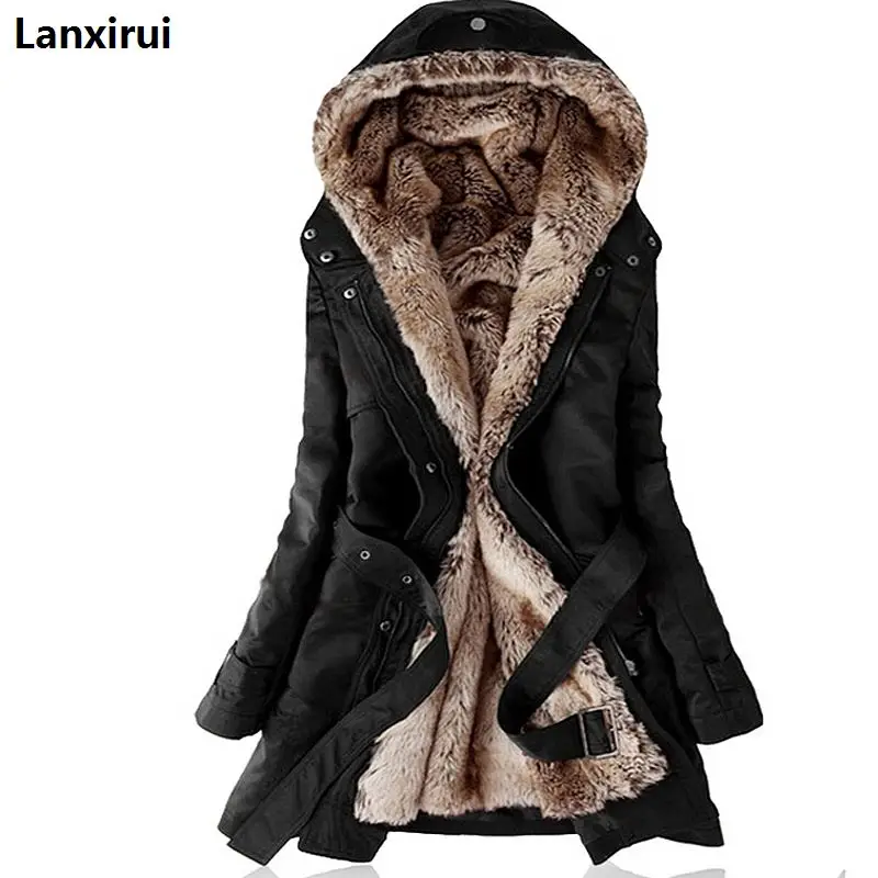 wonderful  Faux Fur Lining Women 'S Fur Hoodies Ladies Coats Sping Winter Warm Long Coat Jacket Cotton Clothes