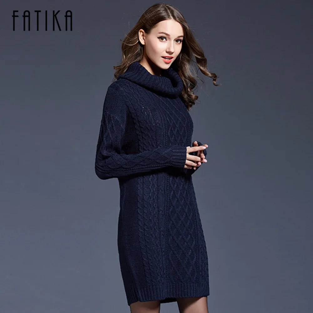 

FATIKA 2017 Women Sweater Full Sleeve Solid Geometric Rib Dress Loose Casual Turtleneck Winter Knitted Mini Dress For Ladies