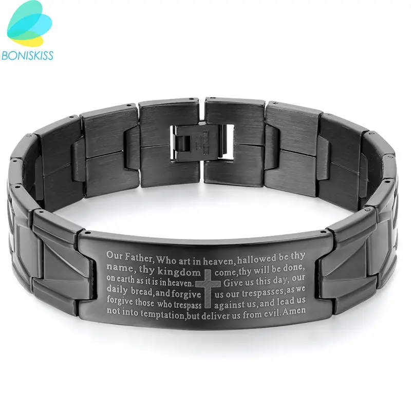 

Boniskiss Black Stainless Steel Jesus Cross Bracelet Men Jewelry English Lord's Prayer Bracelets & Bangles 2017 Christmas Gift
