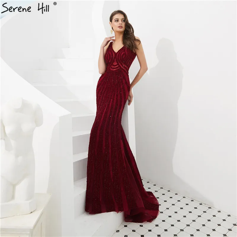

Sexy Backless Wine Red Mermaid Evening Dresses Crystal Formal Gowns Dubai Robe De Soiree V-neck Party Gowns BLA6693