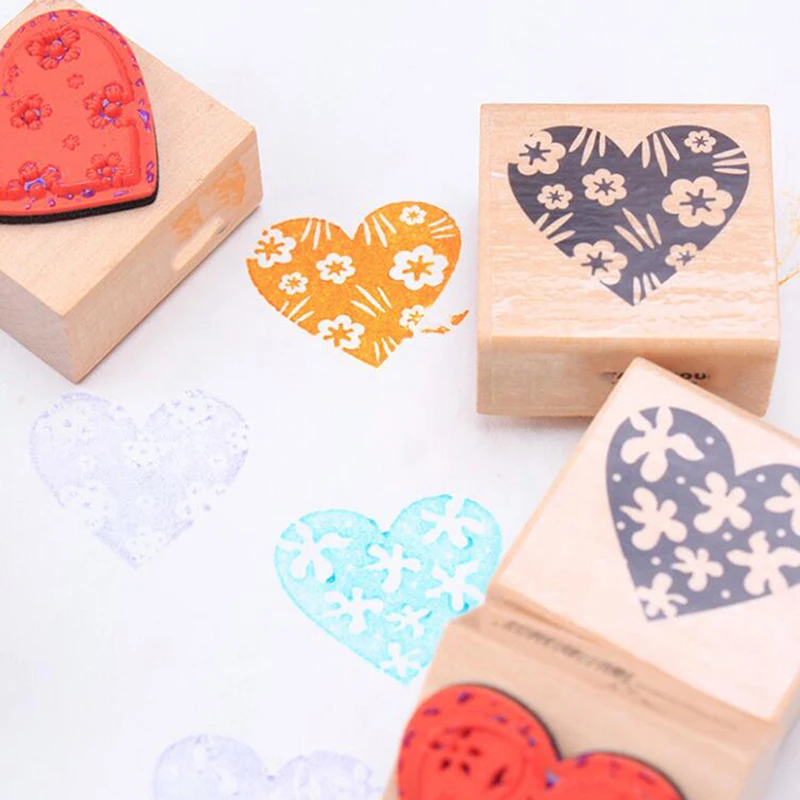 4Pcs Love Heart Shape Stamps DIY Wooden Seal Rubber Stamp Embossing