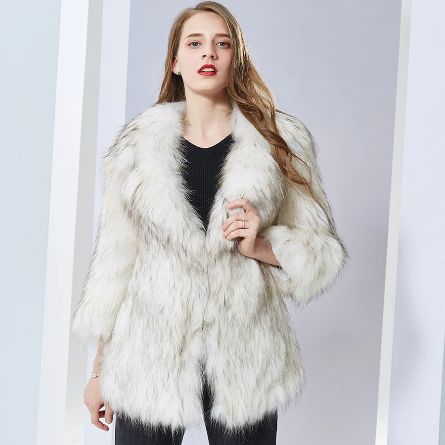 real raccon dog fur coat medium long lady knitted Jacket women natural