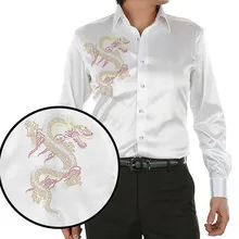 Брендовая мужская рубашка, имитация шелка, китайский дракон, вышивка, горячая фиксация, камень, бисер, длинный рукав, платье, рубашка, корейская модная одежда