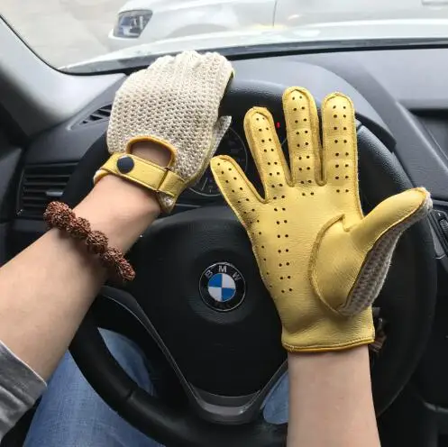 Mens Goatskin Leather Gloves Back Knitted Gloves Lambskin NEW Unlined Non-Slip Motorcycle Driving Gloves Male Leather Mittens 