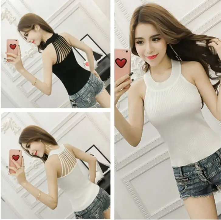 

Summer Women Fashion Slim Knitting Tank Tops Female Bodycon Hollow-out Stretchy Camisole Sleeveless T shirts FL111